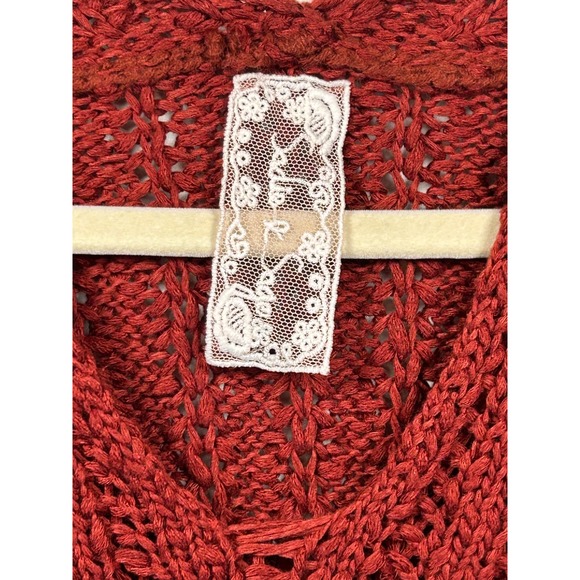 Crochet Knit Cropped Sweater Long Sleeve V Neck‎ Orange Rust S - Picture 2 of 5